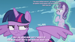 Size: 1280x720 | Tagged: safe, edit, edited screencap, screencap, starlight glimmer, twilight sparkle, alicorn, pony, g4, the cutie re-mark, annoyed, image macro, meme, twilight sparkle (alicorn), unamused