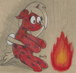 Size: 985x953 | Tagged: safe, artist:b-cacto, oc, oc only, oc:folly, crystal pony, pony, fire, solo, traditional art