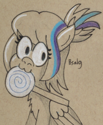 Size: 574x698 | Tagged: safe, artist:b-cacto, oc, oc only, oc:sweet skies, pegasus, pony, :3, candy, chest fluff, female, food, limited palette, lollipop, mare, mouth hold, partial color, solo, traditional art