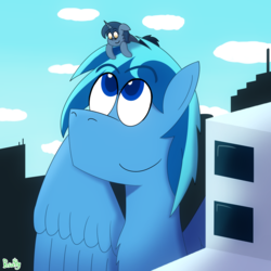 Size: 2000x2000 | Tagged: safe, artist:b-cacto, oc, oc only, oc:b.b., oc:umami stale, pony, building, city, cloud, giant pony, high res, macro, size comparison, sky, wat