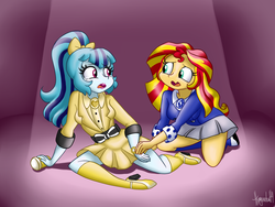 Size: 1024x768 | Tagged: safe, artist:queentigrel, sonata dusk, sunset shimmer, equestria girls, g4, clothes, heathers, heathers the musical, high heels, kneesocks, lipstick, mary janes, open mouth, shoes, skirt, socks, spotlight