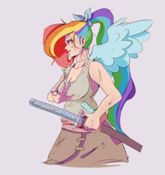 Size: 754x800 | Tagged: safe, artist:sundown, edit, rainbow dash, human, g4, action pose, badass, breasts, clothes, female, frown, glare, humanized, katana, ponytail, scar, simple background, sword, torn clothes, weapon, winged humanization, wings