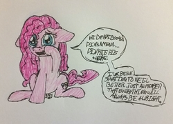 Size: 2528x1823 | Tagged: safe, artist:binkyt11, derpibooru exclusive, pinkie pie, earth pony, pony, derpibooru, g4, crying, female, loose hair, mare, meta, pen, solo, speech bubble, talking to viewer, teary eyes, traditional art