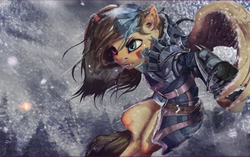 Size: 2300x1440 | Tagged: safe, artist:apostolllll, oc, oc only, pegasus, pony, armor, cold, fangs, heterochromia, snow, solo