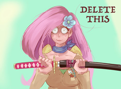 Size: 1280x941 | Tagged: safe, artist:sundown, edit, fluttershy, human, g4, breasts, busty fluttershy, cleavage, delet this, edgy, female, humanized, image macro, katana, meme, out of character, sword, weapon