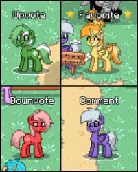Size: 576x716 | Tagged: safe, derpibooru exclusive, oc, oc only, oc:comment, oc:downvote, oc:favourite, oc:upvote, alicorn, earth pony, pegasus, pony, unicorn, derpibooru, pony town, derpibooru ponified, female, mare, meta, open mouth, pixel art, ponified, screenshots, smiling, wings