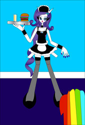 Size: 1573x2312 | Tagged: safe, artist:dykroon-chan, rarity, equestria girls, g4, 1000 hours in ms paint, apron, burger, clothes, female, fishnet stockings, food, hamburger, maid, maid headdress, ms paint, nail polish, ponied up, solo, stockings, thigh highs, tray