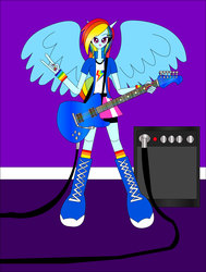 Size: 1868x2466 | Tagged: safe, artist:dykroon-chan, rainbow dash, equestria girls, g4, my little pony equestria girls: rainbow rocks, amplifier, electric guitar, female, guitar, musical instrument, ponied up, solo