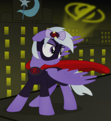 Size: 2500x2729 | Tagged: safe, artist:eagle1division, derpibooru exclusive, oc, oc only, oc:comment, oc:hide, pegasus, pony, derpibooru, action pose, bat signal, bow, cape, city, clothes, costume, cutie mark, derpibooru ponified, female, hair bow, high res, mare, meta, ponified, rooftop, solo, spotlight, superhero, tape, windswept mane