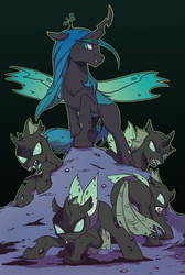 Size: 359x535 | Tagged: safe, artist:yukandasama, queen chrysalis, changeling, changeling queen, g4, crown, fangs, female, horn, jewelry, male, regalia, smiling, snarling, spread wings, wings