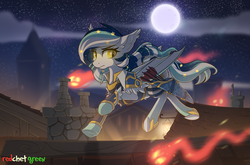 Size: 2061x1363 | Tagged: safe, artist:redchetgreen, oc, oc only, oc:wistful galaxy, bat pony, pony, archer, arrow, bat pony oc, building, clothes, commission, full moon, houses, moon, rooftop, scenery, stars, ych result