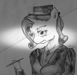 Size: 1423x1382 | Tagged: safe, artist:potatobug, rarity, anthro, g4, accessory, alternate hairstyle, cigarette, cigarette holder, female, hat, looking at you, monochrome, noir, scar, scared, smoking, solo, traditional art