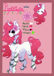 Size: 1738x2433 | Tagged: safe, artist:erinartista, oc, oc only, oc:pinkature, pony, unicorn, black sclera, curved horn, female, horn, mare, reference sheet, solo