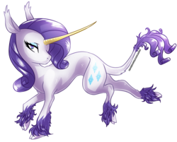 Size: 3600x2892 | Tagged: safe, artist:polyhexian, rarity, classical unicorn, pony, unicorn, g4, cloven hooves, colored fetlocks, colored horn, female, golden horn, high res, horn, leonine tail, mare, solo, unshorn fetlocks