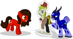 Size: 1024x554 | Tagged: safe, artist:mlp-trailgrazer, oc, oc only, oc:novella, oc:segasister, oc:trail grazer, oc:voice of reason, gazelle, pony, unicorn, cardboard cutout, clothes, doctor who, eleventh doctor, female, male, mare, mouth hold, simple background, sonic screwdriver, stallion, watermark