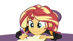 Size: 2165x1219 | Tagged: safe, artist:razthor, sunset shimmer, equestria girls, equestria girls specials, g4, mirror magic, adorkable, cute, dork, female, happy, journal, pen, shimmerbetes, simple background, solo, transparent background, vector, writing