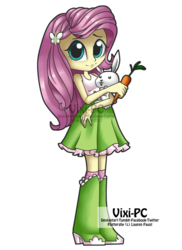 Size: 763x1048 | Tagged: safe, artist:vixi-pc, angel bunny, fluttershy, equestria girls, g4, carrot, clothes, duo, female, food, looking at you, simple background, skirt, tank top, transparent background, watermark