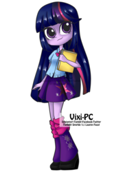 Size: 756x1056 | Tagged: safe, artist:vixi-pc, twilight sparkle, equestria girls, g4, book, clothes, cute, female, leg warmers, shoes, skirt, solo, watermark