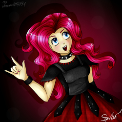 Size: 1000x1000 | Tagged: safe, artist:terezas474747, pinkie pie, human, g4, armor, armor skirt, babymetal, choker, clothes, devil horn (gesture), female, humanized, nail polish, shirt, skirt, solo, spiked choker