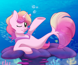 Size: 1200x1000 | Tagged: safe, artist:itstaylor-made, oc, oc only, oc:taylor-made, fish, merpony, pony, seapony (g4), bubble, coral, crepuscular rays, fish tail, green eyes, horn, looking at you, ocean, one eye closed, open mouth, seaponified, solo, species swap, tail, underwater, water, wink