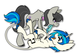 Size: 1183x831 | Tagged: safe, artist:spitfire-sos, dj pon-3, octavia melody, vinyl scratch, classical unicorn, earth pony, pony, unicorn, g4, cloven hooves, digital art, feather, female, horn, laughing, leonine tail, mare, simple background, tickling, unshorn fetlocks, watermark