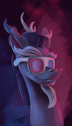 Size: 941x1661 | Tagged: safe, artist:insanerobocat, discord, draconequus, g4, 3d glasses, facial hair, goatee, male, signature, smiling, solo