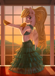 Size: 2046x2800 | Tagged: safe, artist:lunebat, oc, oc only, oc:storm shield, pegasus, pony, bedroom eyes, bipedal, clothes, dress, female, green underwear, high res, lace, lingerie, mare, midriff, panties, see-through, solo, standing, sunset, underwear, window