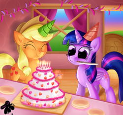 Size: 3000x2800 | Tagged: safe, artist:katakiuchi4u, applejack, twilight sparkle, alicorn, earth pony, pony, g4, cake, candle, cowboy hat, cute, eyes closed, female, food, hat, high res, jackabetes, knife, mare, mouth hold, party hat, smiling, stetson, twiabetes, twilight sparkle (alicorn)