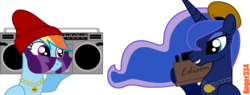 Size: 3039x1155 | Tagged: safe, artist:roger334, princess luna, rainbow dash, pony, g4, beanie, boombox, hat, paperclip, phonograph, rap, rapping, simple background, sunglasses, transparent background, vector