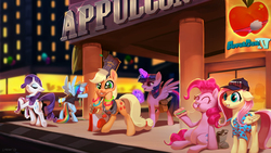 Size: 2746x1554 | Tagged: safe, artist:imalou, applejack, fluttershy, pinkie pie, rainbow dash, rarity, twilight sparkle, alicorn, pegasus, pony, g4, apple, city, clothes, commission, convention, cute, excited, female, food, mane six, mare, puffy cheeks, sandwich, smiling, squishy cheeks, that pony sure does love apples, twilight sparkle (alicorn), vomit