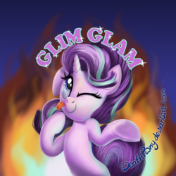 Size: 1024x1024 | Tagged: safe, artist:deathpwny, starlight glimmer, pony, unicorn, g4, cute, female, fire, glim glam, glimmerbetes, one eye closed, silly, silly pony, solo, tongue out, wink