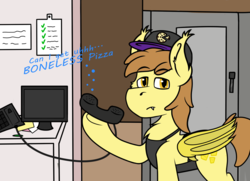 Size: 2000x1450 | Tagged: safe, artist:koonzypony, oc, oc only, oc:stuffed crust, bat pony, pony, annoyed, apron, boneless pizza, clothes, computer, food, hat, meme, phone, pineapple, pineapple pizza, pizza, restaurant