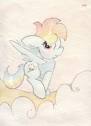 Size: 688x943 | Tagged: safe, artist:slightlyshade, rainbow dash, pony, g4, clothes, female, shirt, solo, traditional art