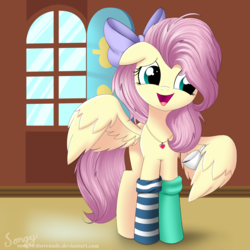 Size: 2000x2000 | Tagged: safe, artist:songbirdserenade, fluttershy, pegasus, pony, g4, alternate hairstyle, bow, clothes, cup, cute, female, hair bow, high res, jewelry, mare, mismatched socks, necklace, shyabetes, socks, solo, striped socks, teacup, wing hands