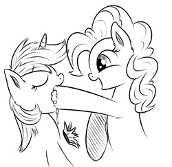 Size: 600x583 | Tagged: dead source, safe, artist:xioade, lyra heartstrings, pinkie pie, pony, g4, cupcake, feeding, fetish, food, force feeding, hoof fetish, hoof in mouth, hoof licking, licking, monochrome, sketch