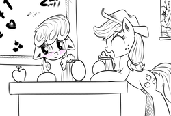 Size: 800x543 | Tagged: dead source, safe, artist:xioade, applejack, cheerilee, earth pony, pony, g4, blushing, cider, classroom, drink, female, floppy ears, mare, monochrome, sketch, table