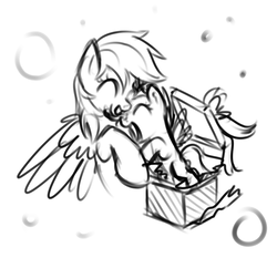 Size: 975x907 | Tagged: dead source, safe, artist:xioade, rainbow dash, scootaloo, pegasus, pony, g4, ^^, box, cute, eyes closed, female, filly, grayscale, hug, mare, monochrome, open mouth, pony in a box, present, scootalove, simple background, sketch, spread wings, white background, wings