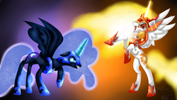 Size: 1280x720 | Tagged: safe, artist:blinkingpink, daybreaker, nightmare moon, alicorn, pony, a royal problem, g4, abstract background, bipedal, glowing horn, horn, magic, rearing