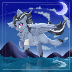 Size: 1600x1600 | Tagged: safe, artist:pvrii, oc, oc only, pegasus, pony, female, flying, mare, smiling, solo, water