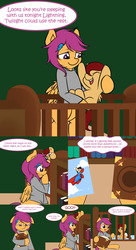 Size: 2100x3850 | Tagged: safe, artist:omgproductions, scootaloo, oc, oc:lightning blitz, pegasus, pony, comic:ask motherly scootaloo, g4, baby, baby pony, book, bookshelf, colt, comic, crib, crying, female, hairpin, high res, holding a pony, male, mother and son, motherly scootaloo, offspring, older, older scootaloo, parent:rain catcher, parent:scootaloo, parents:catcherloo, speech bubble, story time, superman, sweatshirt