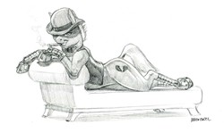 Size: 1500x895 | Tagged: safe, artist:baron engel, oc, oc only, oc:heartbreaker, earth pony, pony, bowler hat, bowtie, cigar, clothes, couch, female, hat, mare, monochrome, pencil drawing, prone, simple background, sketch, smoking, solo, traditional art, white background