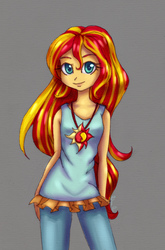 Size: 1975x3001 | Tagged: safe, artist:0okami-0ni, sunset shimmer, equestria girls, g4, clothes, cute, female, looking at you, shimmerbetes, smiling, solo, tank top