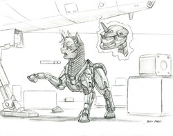 Size: 1500x1180 | Tagged: safe, artist:baron engel, oc, oc only, pony, unicorn, armor, commission, crossover, female, glowing horn, halo (series), helmet, horn, magic, mare, monochrome, pencil drawing, pointing, sketch, solo, traditional art, vehicle