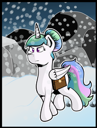 Size: 1163x1528 | Tagged: safe, artist:littletigressda, princess celestia, alicorn, pony, g4, alternate hairstyle, female, frozen north, saddle bag, snow, solo