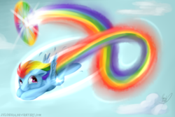 Size: 1280x853 | Tagged: safe, artist:julunis14, rainbow dash, pegasus, pony, g4, cute, dashabetes, female, filly, flying, sky, smiling, solo, sonic rainboom