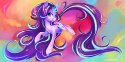 Size: 3464x1732 | Tagged: safe, artist:wilvarin-liadon, starlight glimmer, pony, unicorn, g4, female, impossibly long hair, impossibly long tail, long mane, long tail, mare, rainbow power, smiling, solo