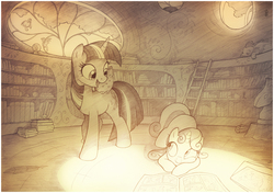 Size: 2777x1951 | Tagged: safe, artist:sherwoodwhisper, owlowiscious, spike, sweetie belle, twilight sparkle, bird, dragon, mouse, pony, snail, unicorn, g4, book, comic book, female, filly, golden oaks library, library, male, mare, monochrome, reading, sleeping, smiling, traditional art