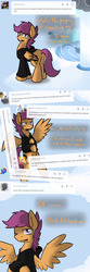 Size: 750x2250 | Tagged: safe, artist:conmanwolf, scootaloo, pegasus, pony, ask factory scootaloo, g4, clothes, cloudsdale, comic, factory scootaloo