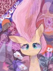 Size: 882x1172 | Tagged: safe, artist:laurasrxfgcc, fluttershy, pony, g4, abstract background, bust, female, flower, looking at you, no mouth, portrait, solo