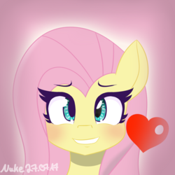 Size: 1000x1000 | Tagged: safe, artist:nuke928, fluttershy, pegasus, pony, g4, blushing, bust, cute, female, heart, looking at you, mare, portrait, shyabetes, smiling, solo